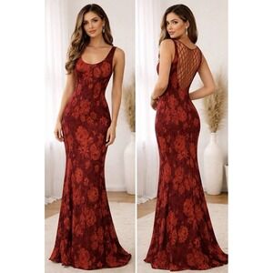 Rene Derhy Maxi Dress Size M Gown Red Floral Fairy Dark Romantic Elegant Hoco